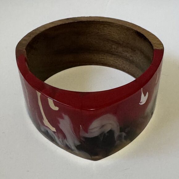 Vintage Resin Wood Chunky Statement Boho Bangle Bracelet Angular Inlay - Picture 6 of 12